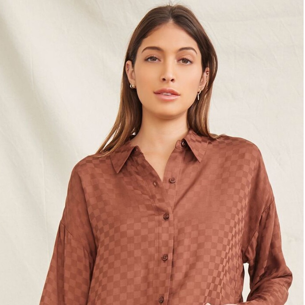 ~Checkered Cognac Button Down Blouse~ - image 3